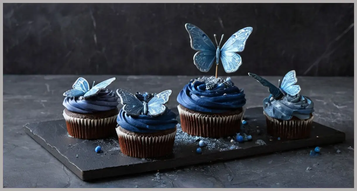 Side-angle of easy butterfly cakes on slate, blue-hour lighting, navy and silver buttercream, metallic shimmer, elegant and mysterious mood.
