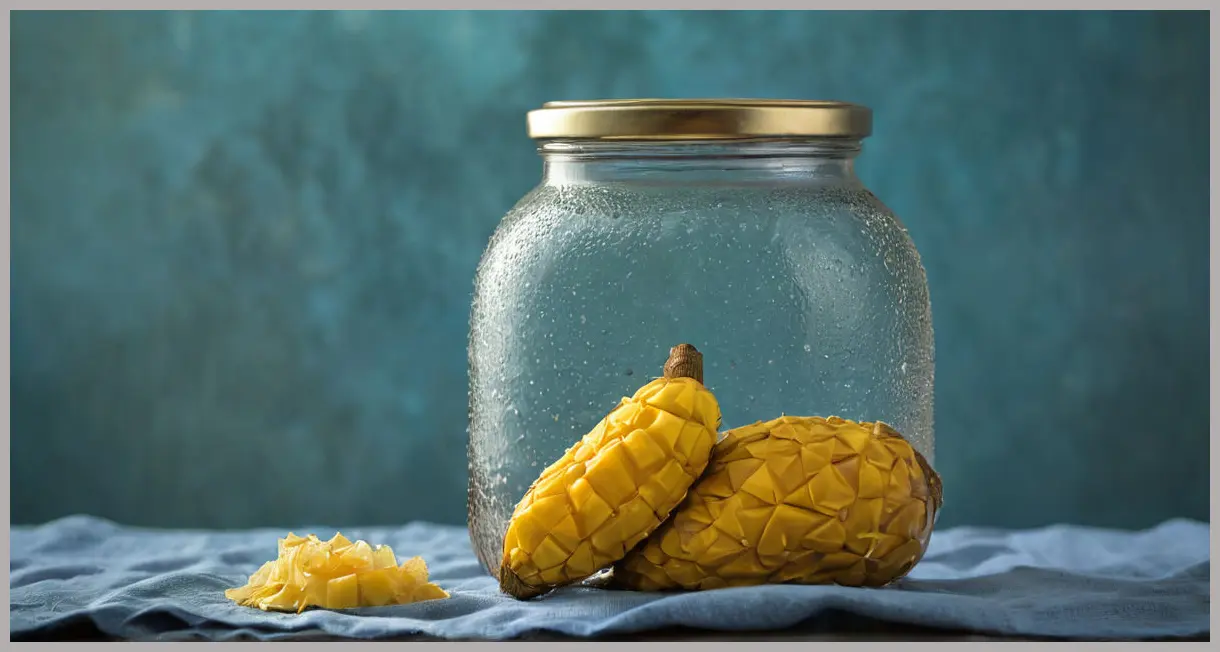 Sealed glass jar of Jackfruit pickle (Kathal achaar) with a cloth lid, condensation droplets, under cool blue-hour lighting.