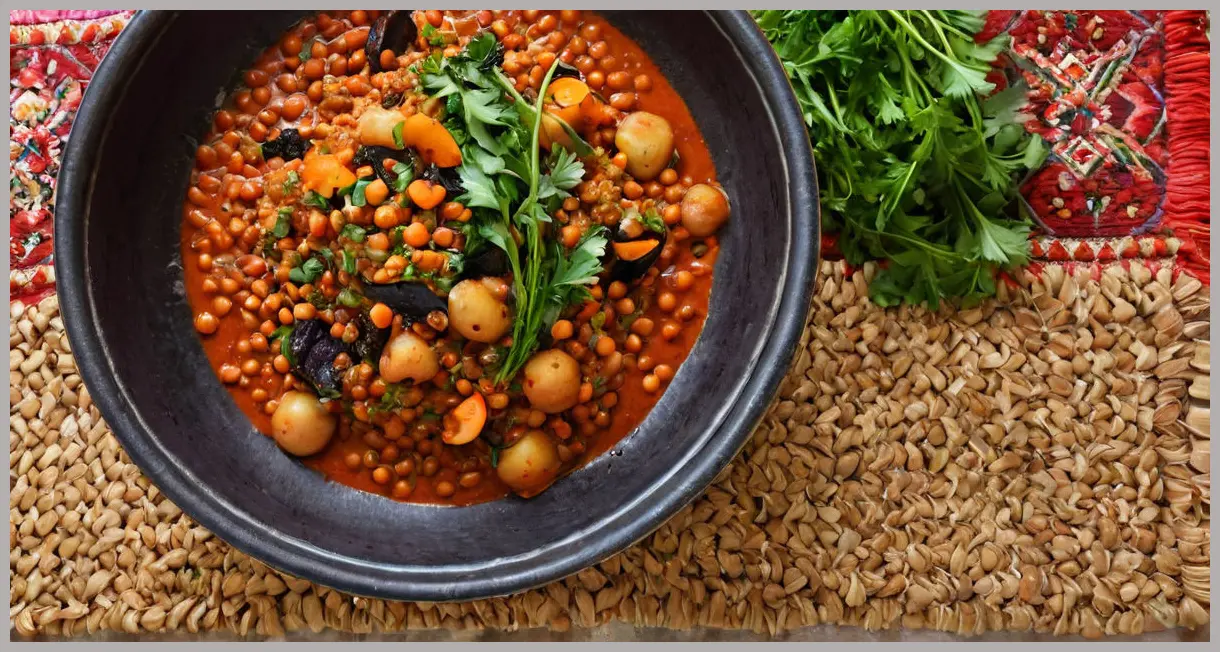 A dynamic dutch angle shot of a steaming tagine dish with bubbling harissa sauce, root vegetables, lentils, and prunes, placed on a woven mat under dramatic side lighting.