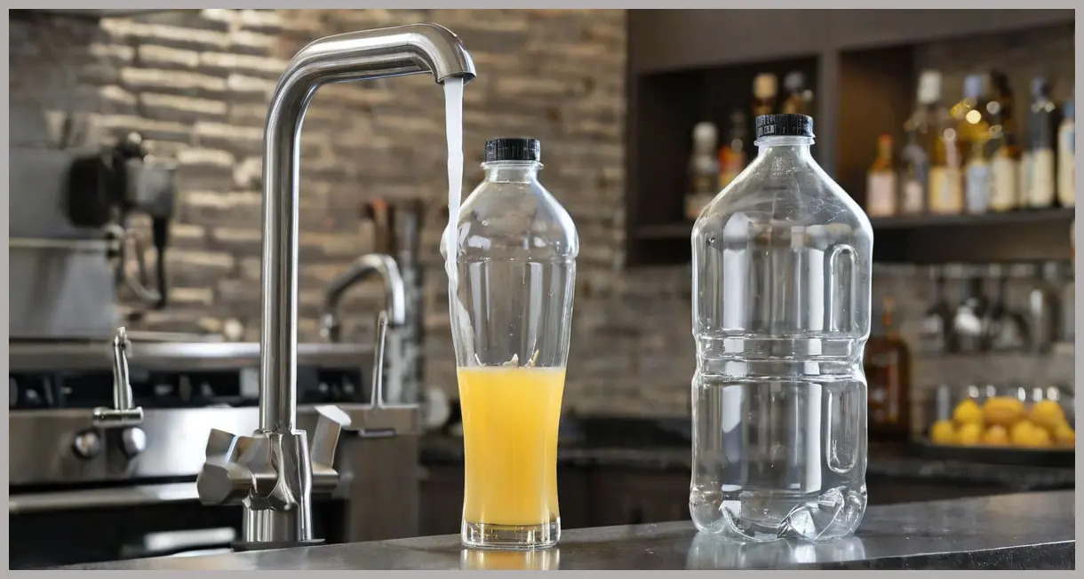 A photorealistic eye-level view of two clear plastic bottles, one being filled with pale golden Elderflower fizz liquid using a stainless steel funnel on a kitchen counter.