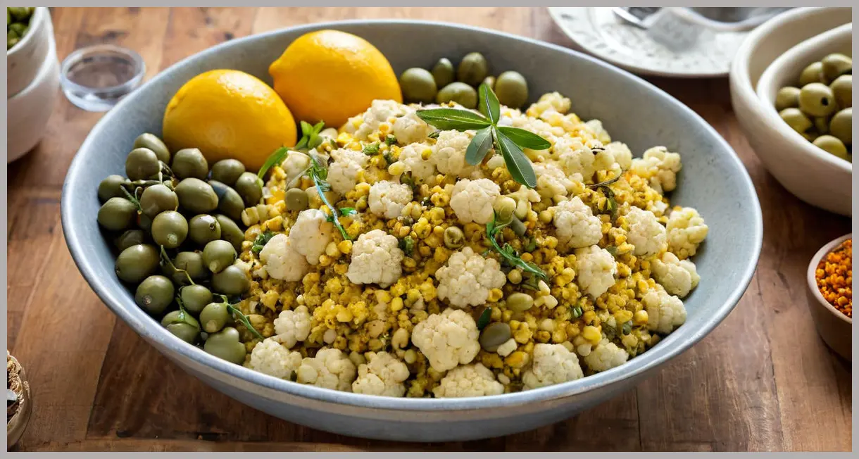 A wide-angle shot of a bowl filled with roasted cauliflower, couscous, olives, and preserved lemons on a rustic table. Cauliflower with olives, preserved lemons and giant couscous