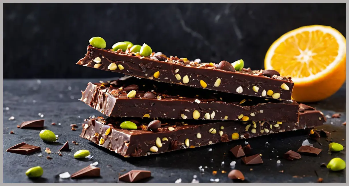 Dark chocolate bark with sea salt, rosemary, pistachios and candied citrus captured mid-break with flying shards.