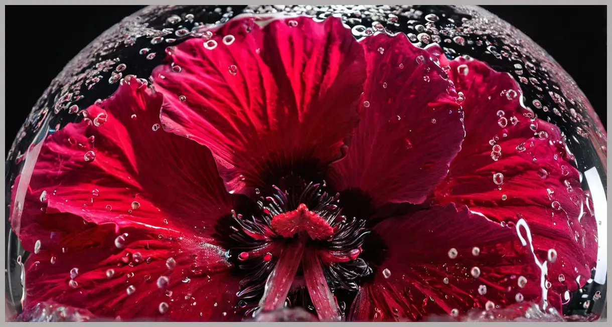 Extreme close-up of effervescent bubbles bursting in a hibiscus and kombucha mocktail under dark field lighting. Hibiscus and kombucha sparkling mocktail