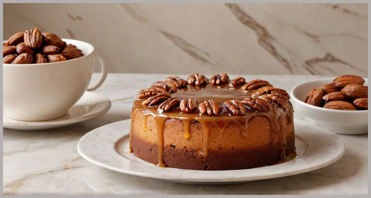 Wide shot of a sticky toffee pudding cake on marble, surrounded by pecans and dates in café lighting. Sticky toffee pudding cake