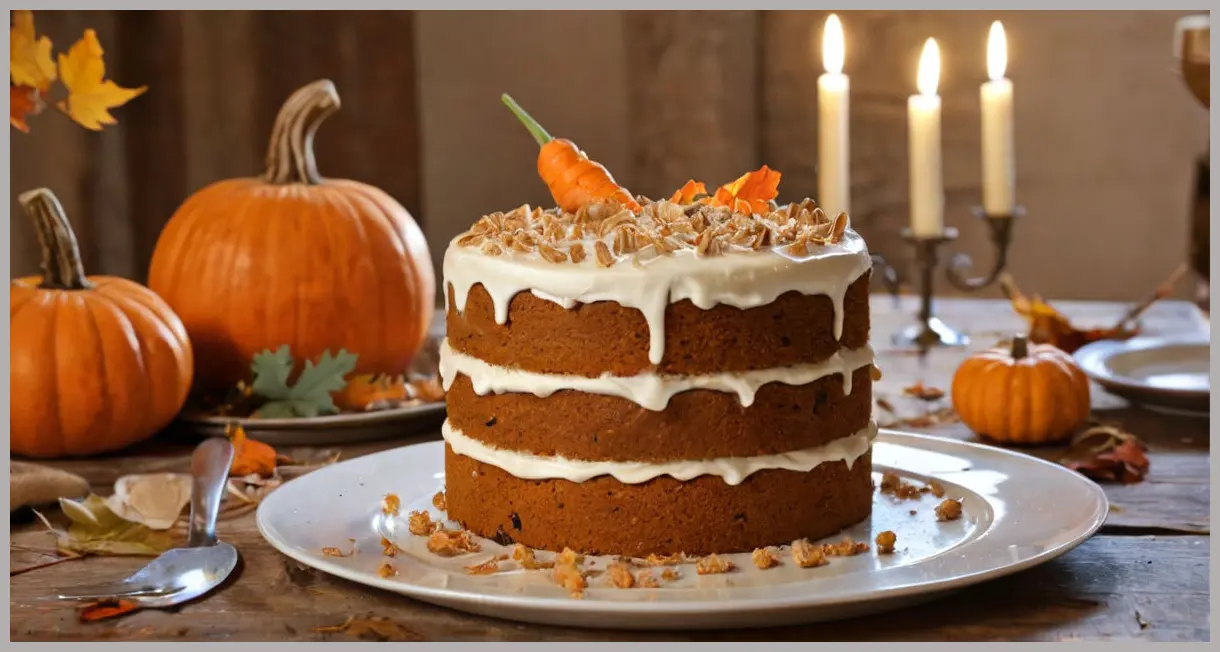 Eric Lanlard’s carrot and pumpkin celebration cake on a vintage table, glowing under candlelight with scattered autumn leaves.