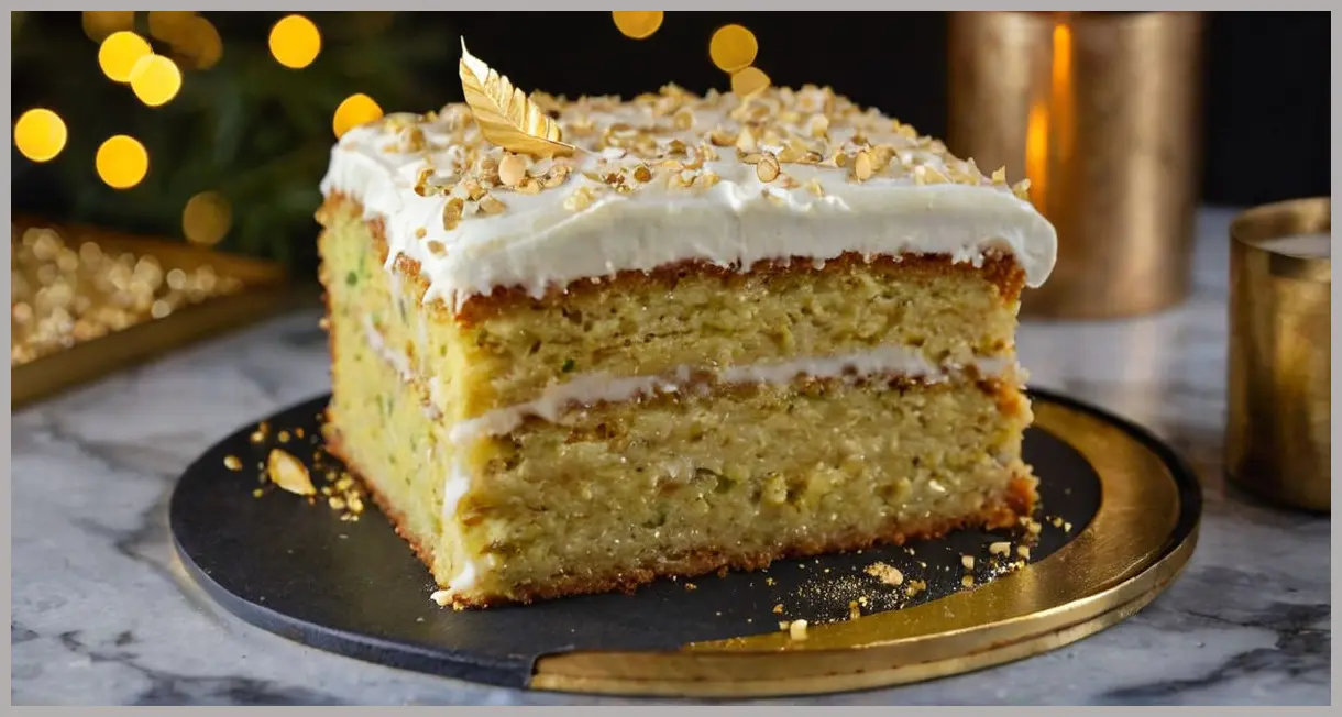 A lemon and courgette cake with white chocolate cream cheese frosting under candlelight, adorned with edible gold leaf on dark marble.