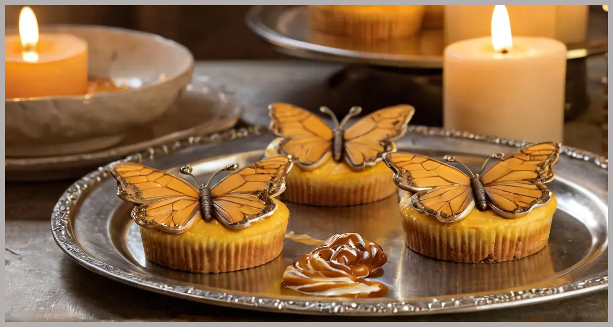 Intimate close-up of easy butterfly cakes on silver tray, candlelight glow, caramel drizzle, romantic mood, shallow focus.