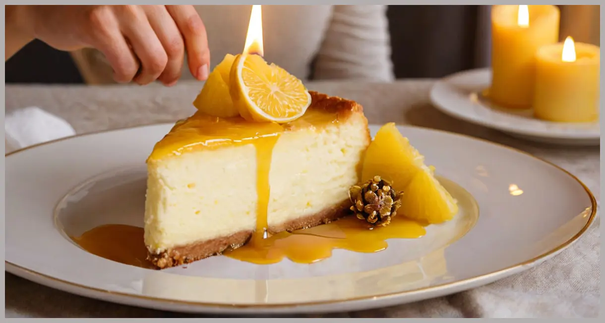 A 45-degree shot of Baked lemon cheesecake with pineapple flowers, candlelit, with a slice being served onto a gold-rimmed plate, glowing pineapple flowers.