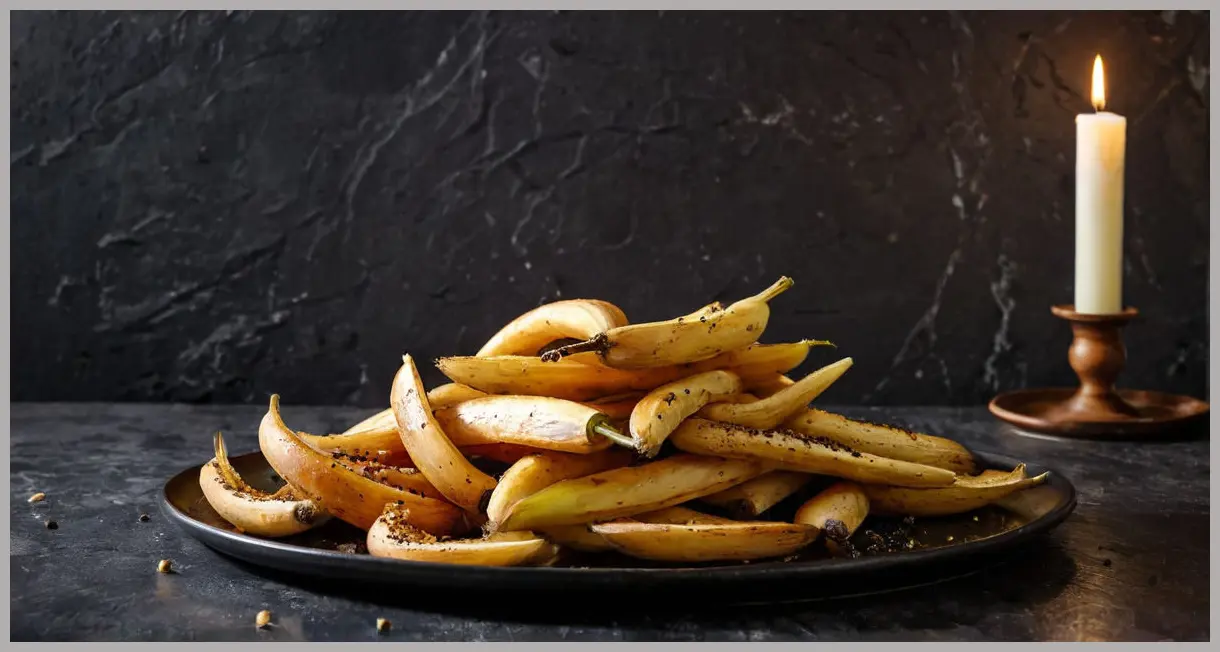 Low-angle shot of Marmite parsnips on slate, flickering candlelight casting dramatic shadows and glaze reflections. Marmite parsnips with poppy seeds