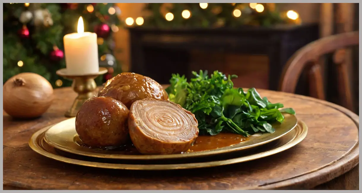 Nut Roast Balls, Onion Gravy and Greens Recipe
