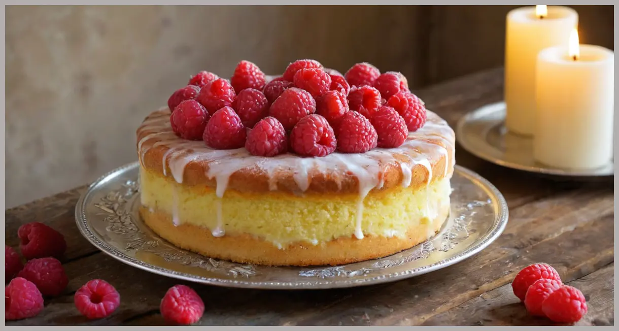 Raspberry and lemon sponge cake on an antique silver platter, bathed in warm candlelight, raspberries arranged in a circle.