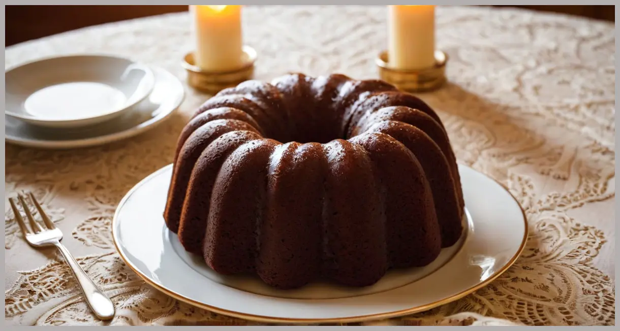 Wide shot of a chocolate bundt cake on vintage lace, soft candlelight glow, warm golden hues. Secret-ingredient chocolate bundt cake
