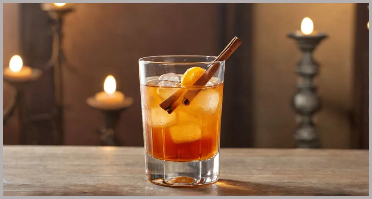 Extreme close-up of a sherry spritz cocktail under candlelight, garnished with cinnamon, exuding warmth. Sherry spritz
