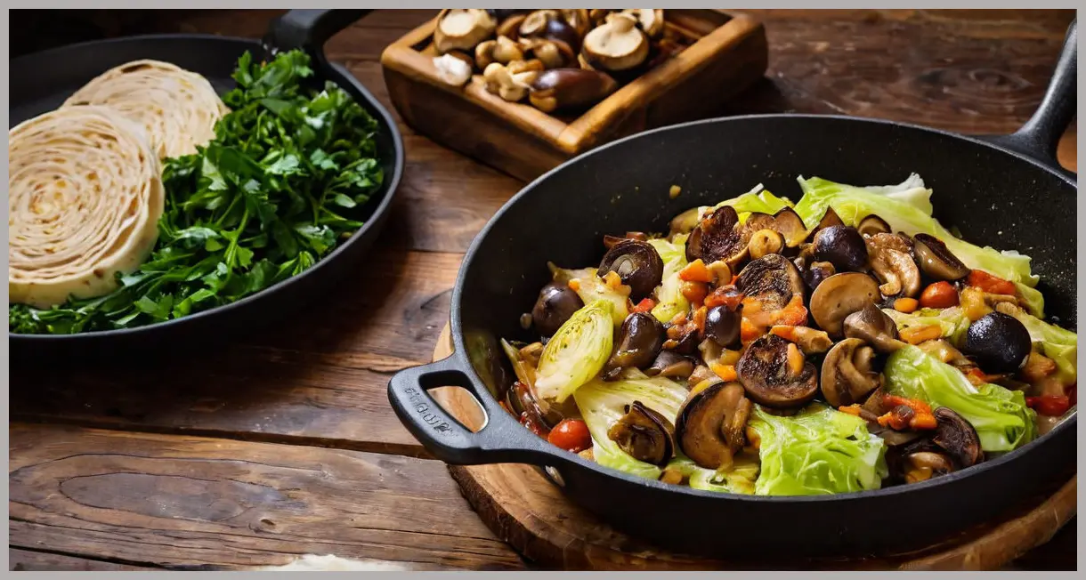 Dutch angle of a cast-iron skillet with vegan cabbage cacciatore, candlelit glow, charred cabbage wedges and mushrooms, cozy and intimate setting.