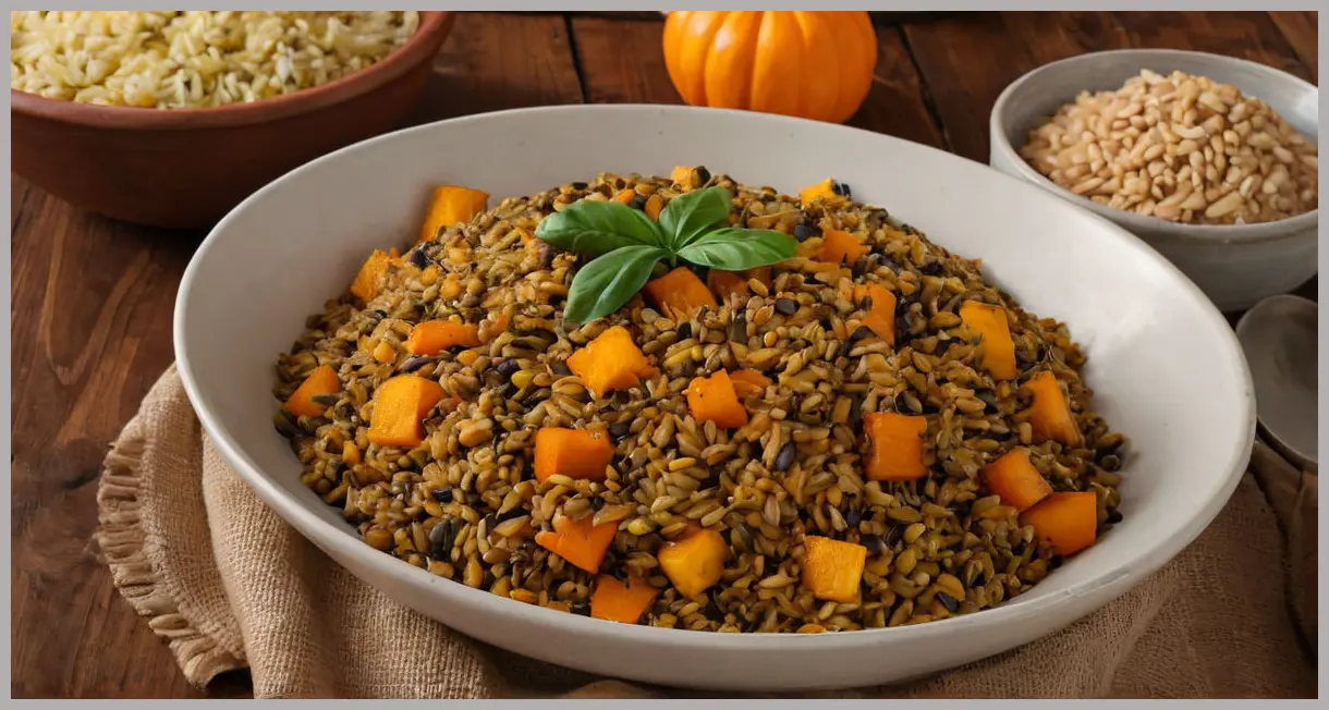 Dutch angle shot of a clay bowl filled with spiced rice and lentils with roast squash, lit by soft candlelight, earthy tones, rustic table setting.