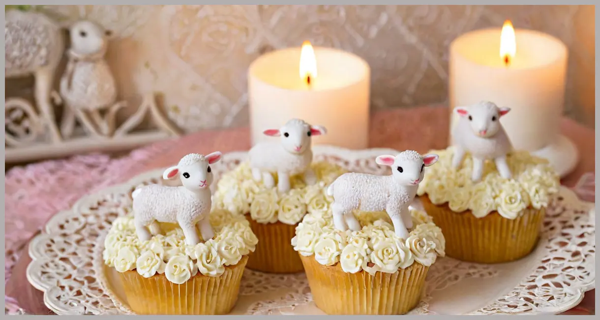 Spring lamb cupcakes under warm candlelight, vintage lace doily setting, sugarpaste lambs with intricate details and soft golden highlights, cozy evening vibe.