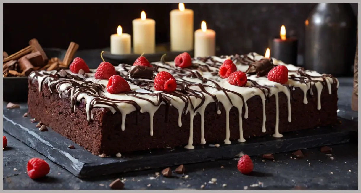 A whole chocolate and berry traybake on a slate board, illuminated by soft candlelight with white chocolate drizzle and scattered candles.