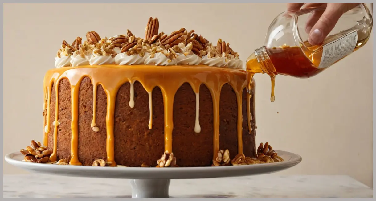 Eric Lanlard’s carrot and pumpkin celebration cake in a side shot, with caramel pouring over frosting and nuts during golden hour.