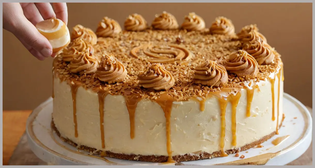 A decadent close-up of caramelised white chocolate cake with burnt butter glaze, sesame brittle, and tahini buttercream swirls in warm studio light.