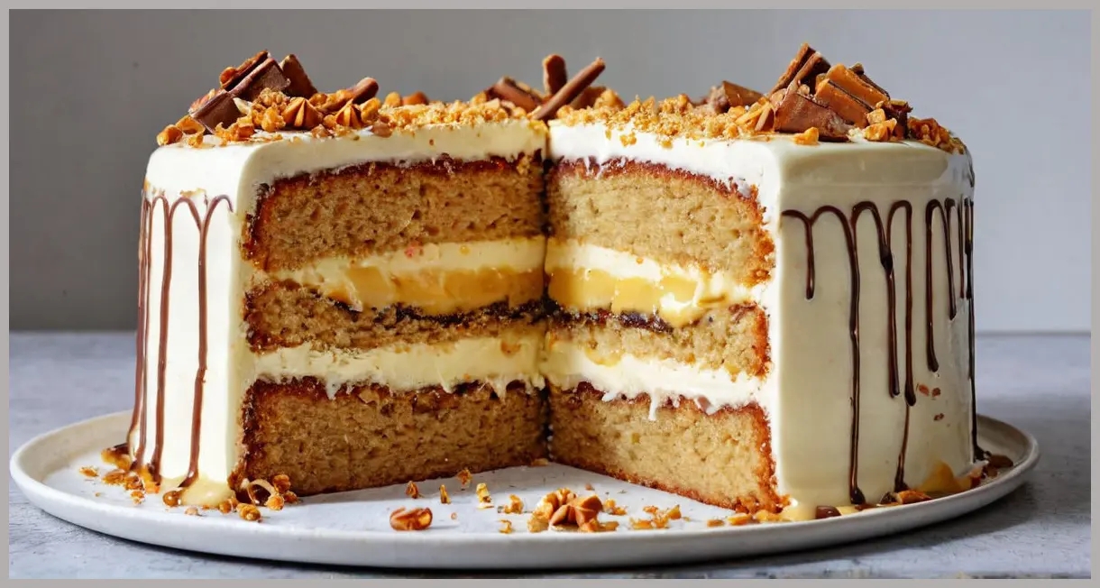 Cross-section of a caramelised white chocolate cake revealing burnt butter filling, tahini buttercream layers, and sesame brittle under cool fluorescent kitchen light.