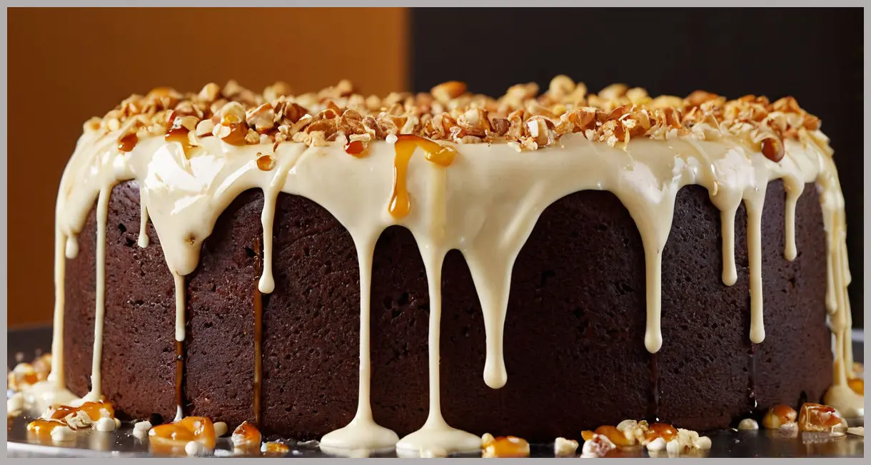 Extreme close-up of caramelised white chocolate dripping over cake edges, with burnt butter bubbles and tahini buttercream under warm backlighting.
