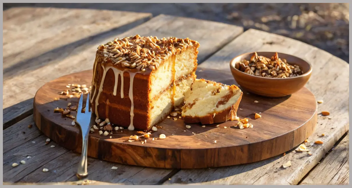 Overhead view of a sliced caramelised white chocolate cake on wood, with burnt butter drizzle, tahini frosting, and sesame brittle in golden hour light.