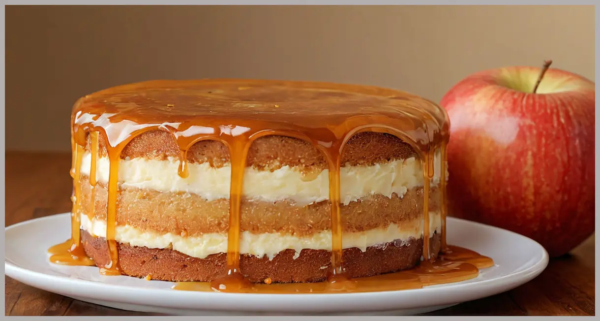 Apple caramel layer cake in extreme close-up, candlelight glow, single caramelized apple slice on edge, sticky caramel sheen, warm golden tones, blurred frosting background.
