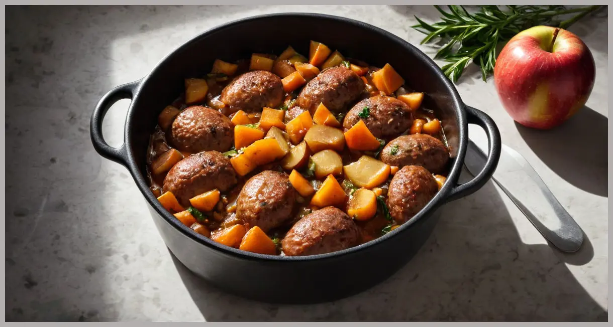 Veggie sausage casserole with apples and cider, focusing on a caramelized apple quarter, glistening sauce, tarragon leaves, dramatic side lighting.