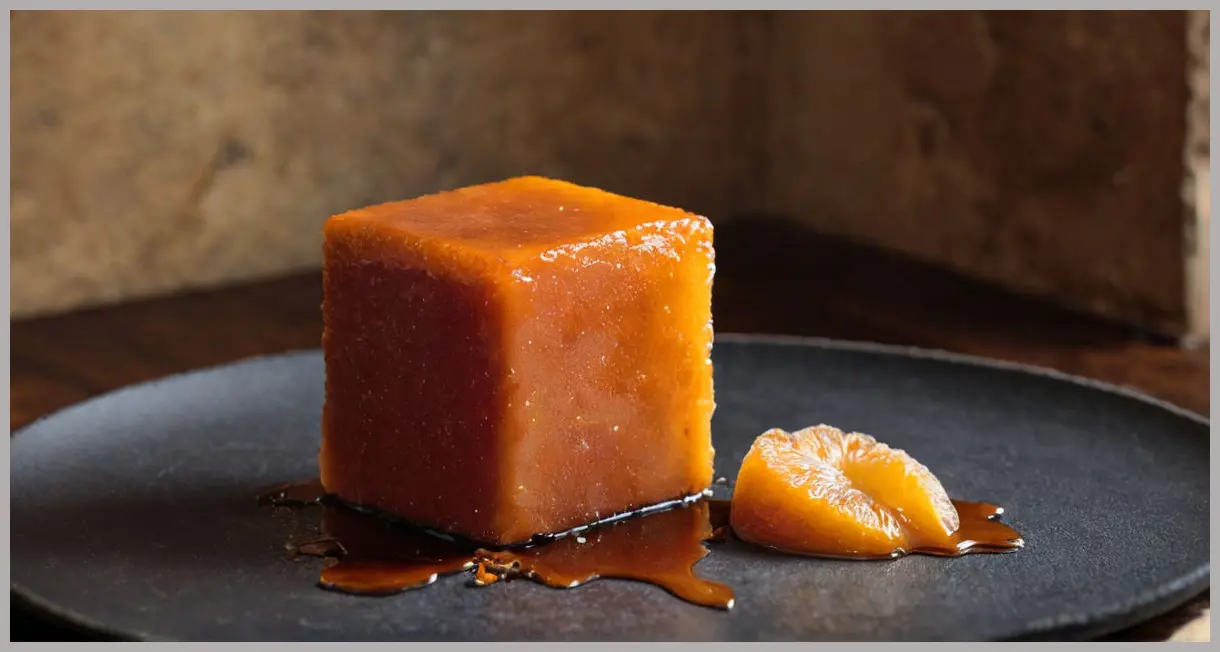 Macro shot of a Membrillo (quince paste) cube on cracked ceramic, with caramelized edges and glinting sugar crystals under side lighting.