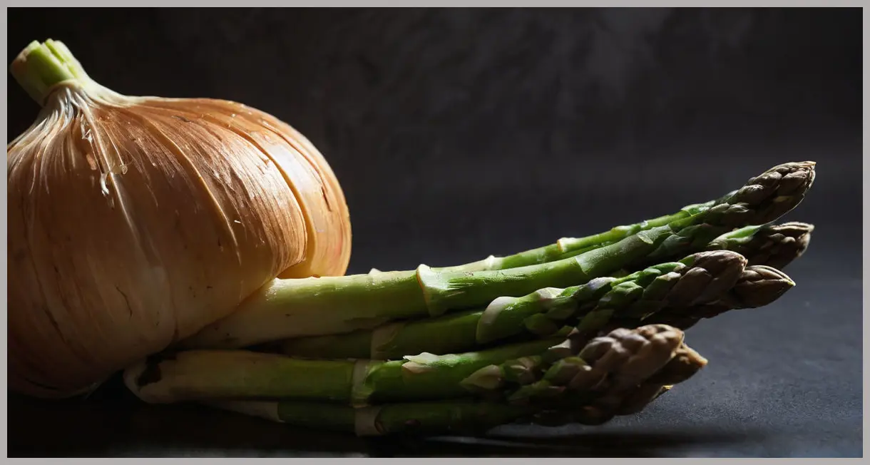 A dramatic macro shot of caramelized onion on asparagus, glossy with mushroom stock, deep shadows creating intensity. Warmed asparagus and lettuce