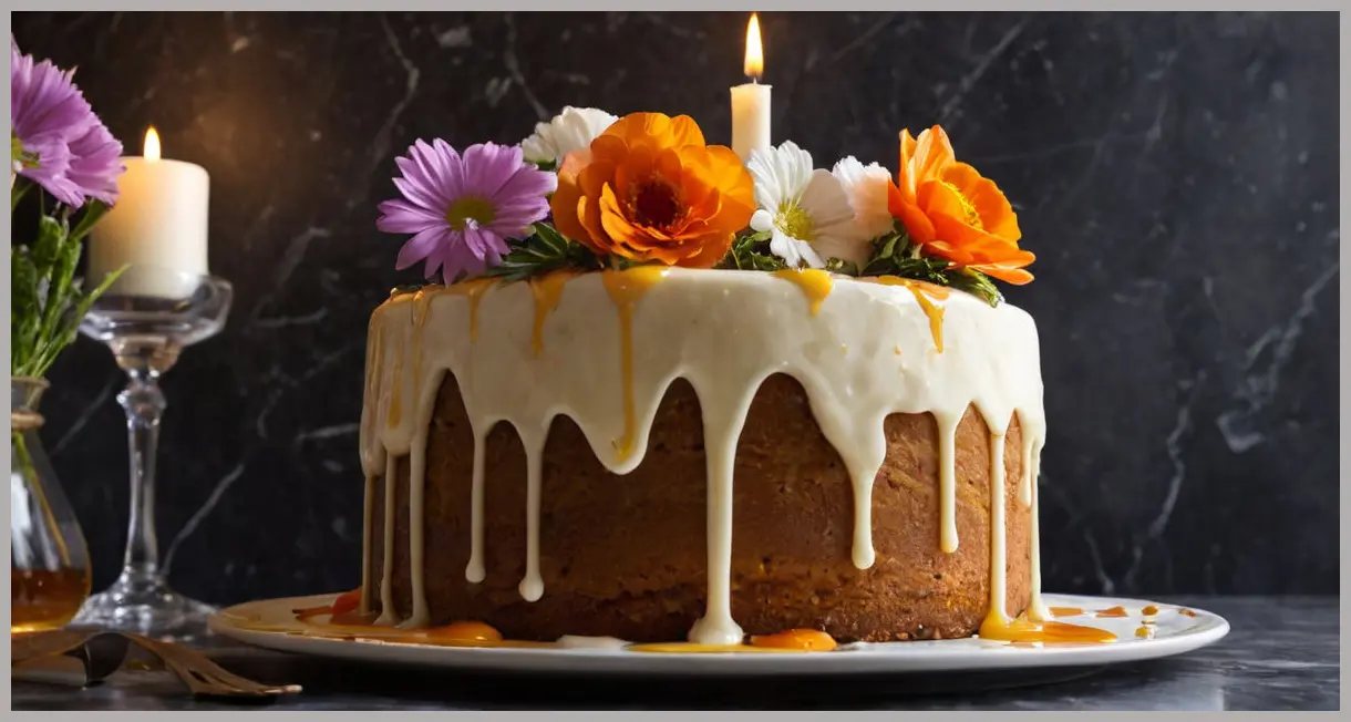Low-angle candlelit shot of a Carrot and Cheesecake Layer Cake with golden syrup drizzle and edible flowers. Carrot and cheesecake layer cake