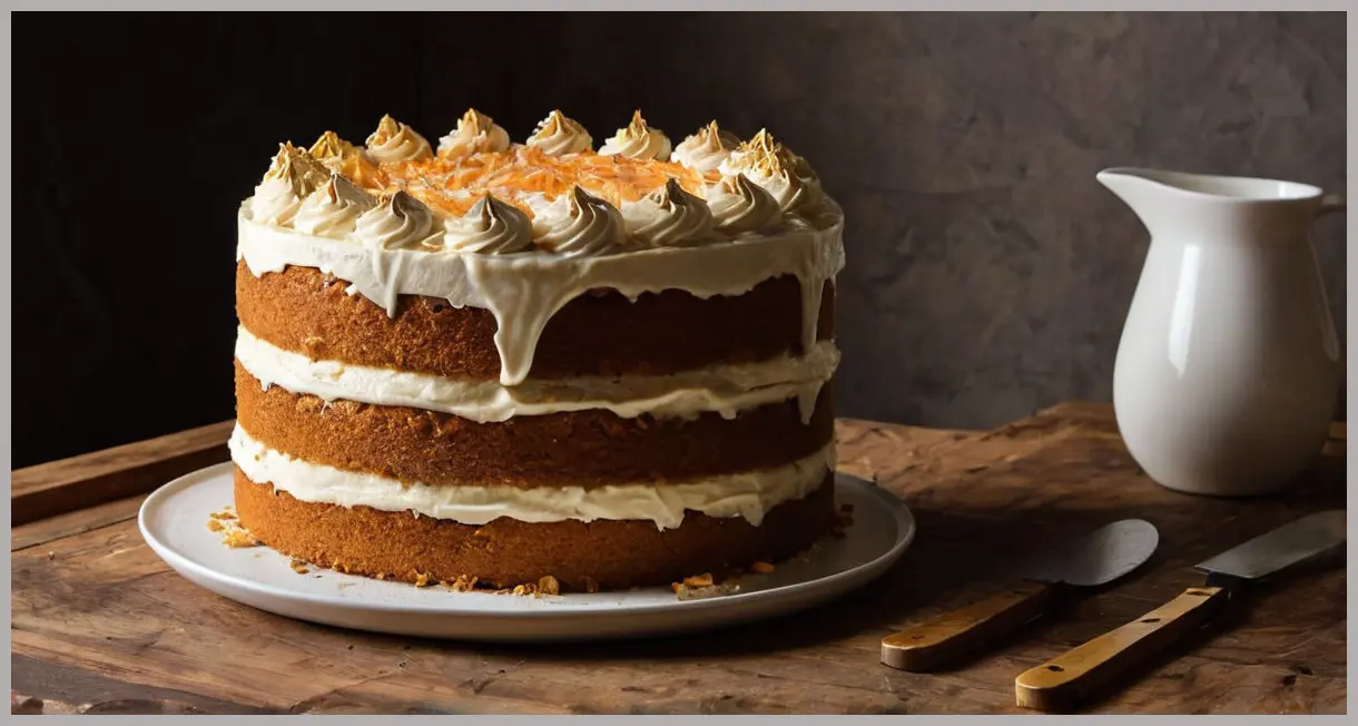 Dutch angle shot of a grand Carrot and Cheesecake Layer Cake with gold leaf, dramatic lighting, and rich textures. Carrot and cheesecake layer cake