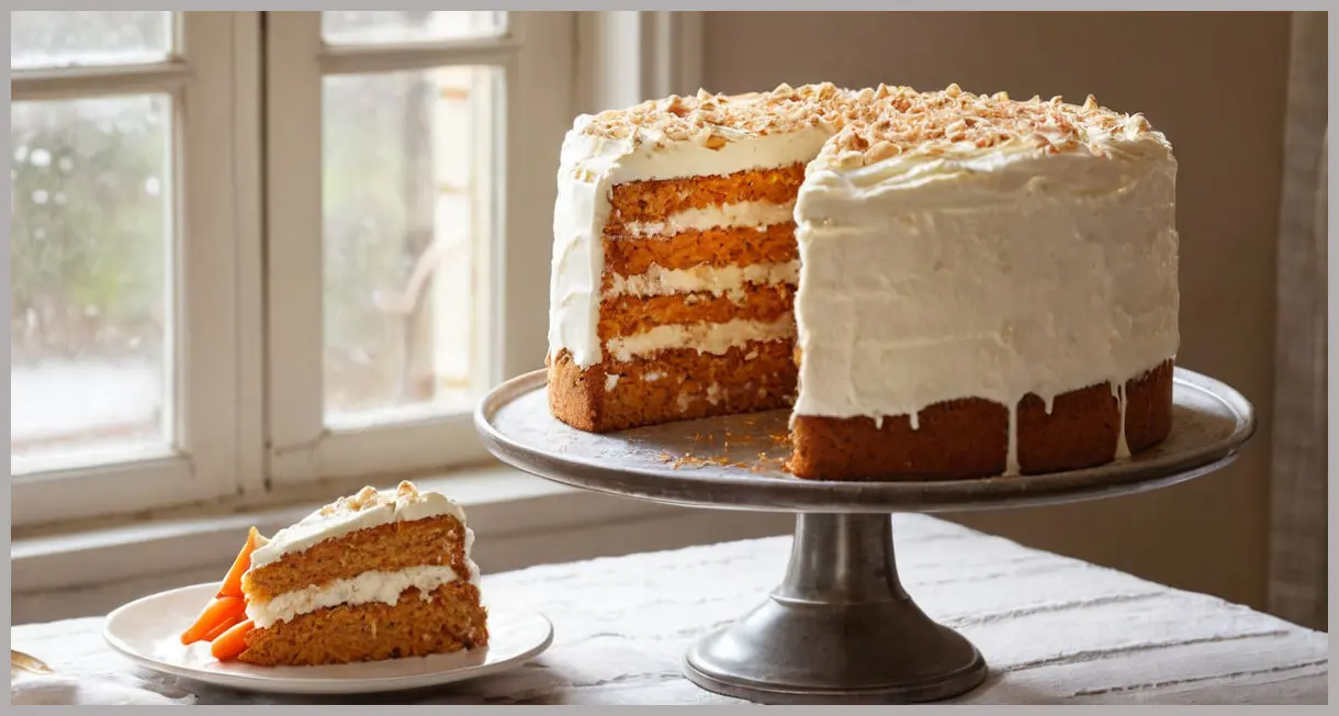 Freshly assembled Carrot and Cheesecake Layer Cake on a vintage stand, bathed in soft morning light. Carrot and cheesecake layer cake