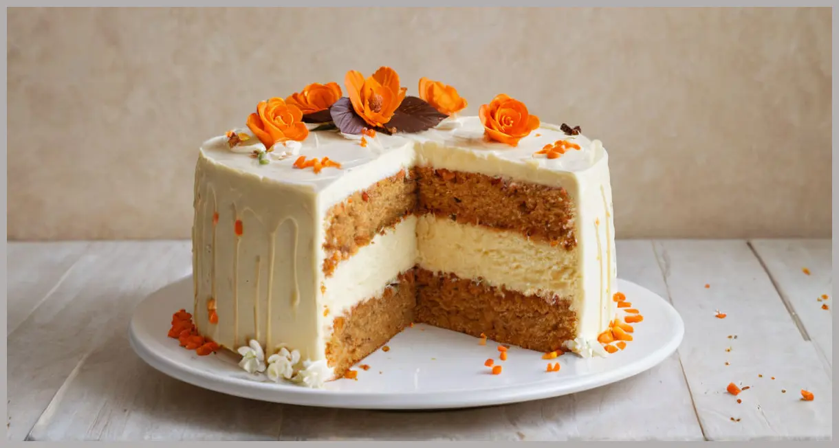 Overhead view of a decadent Carrot and Cheesecake Layer Cake with marbled filling, cream cheese frosting, and edible flowers. Carrot and cheesecake layer cake
