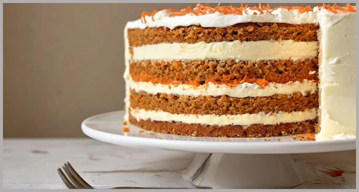 Close-up cross-section of a Carrot and Cheesecake Layer Cake slice, showcasing spiced carrot layers and marbled cheesecake. Carrot and cheesecake layer cake