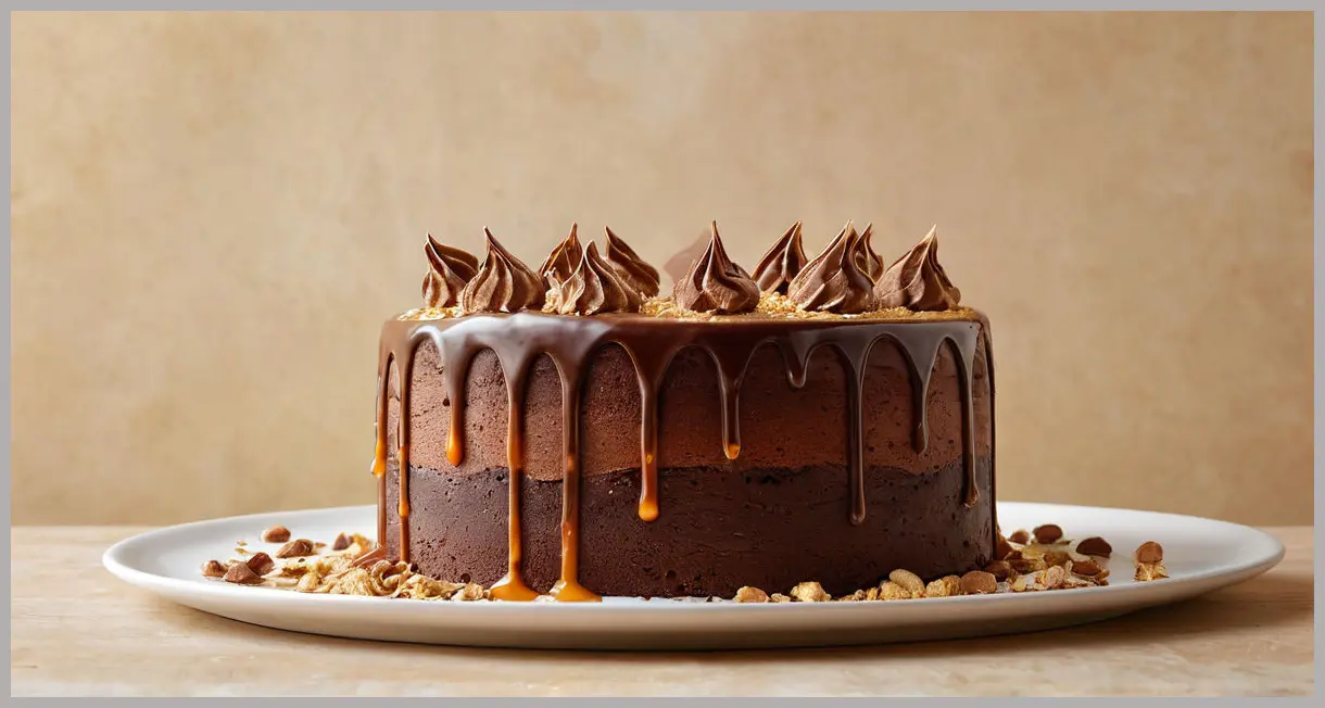 Ultimate chocolate mousse cake side profile with ganache cascade, captured in golden hour light, emphasizing texture and motion.