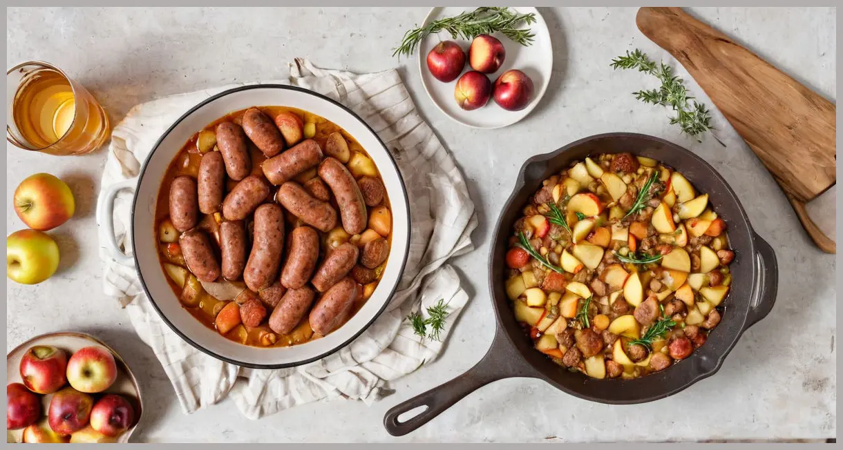 Veggie sausage casserole with apples and cider in a top-down flat lay, surrounded by whole apples, cider bottle, thyme, sausages, rustic linen background.