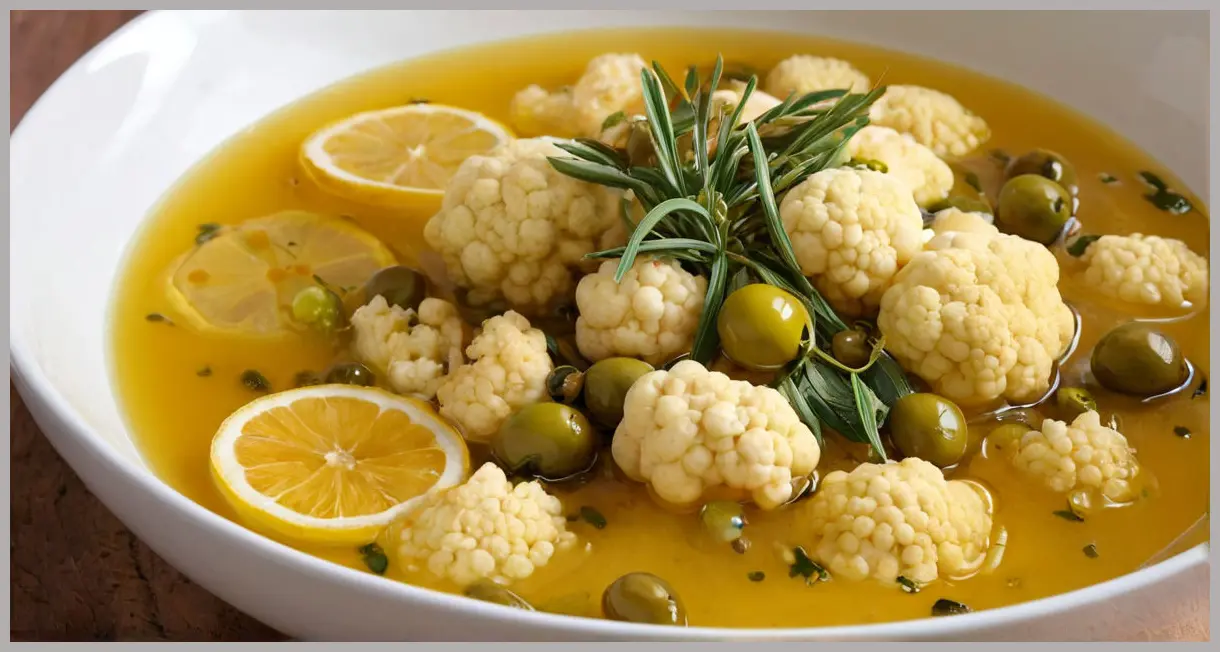 Golden caramelized cauliflower florets with glossy green olives and preserved lemon slices over giant couscous, captured in a top-down close-up. Cauliflower with olives, preserved lemons and giant couscous