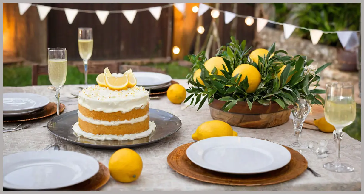 Lemon and coconut cake as centerpiece on a festive outdoor table, string lights, vintage plates, citrus garnishes, lively gathering background.