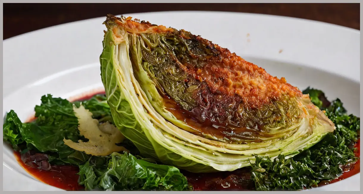 Close-up of a charred savoy cabbage wedge in tomato-wine sauce, caramelized edges glistening, dramatic side lighting and shallow depth of field.