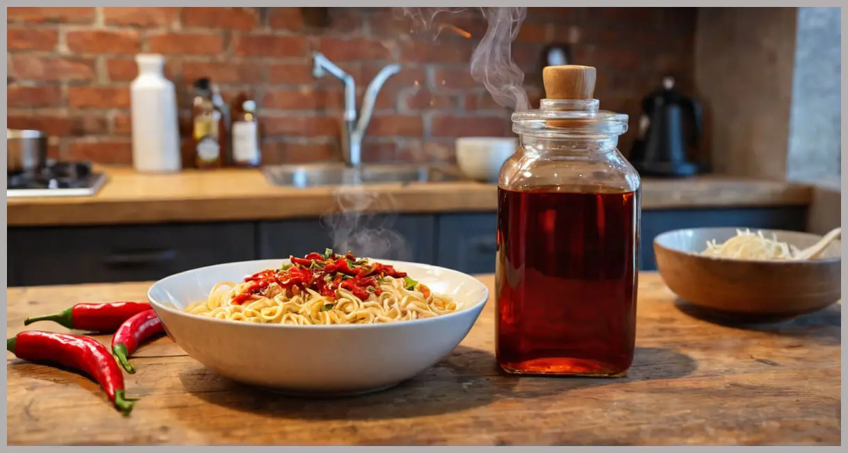 Wide shot of homemade crispy chilli oil drizzled over steaming noodles, jar on a rustic counter, warm and inviting. Homemade crispy chilli oil