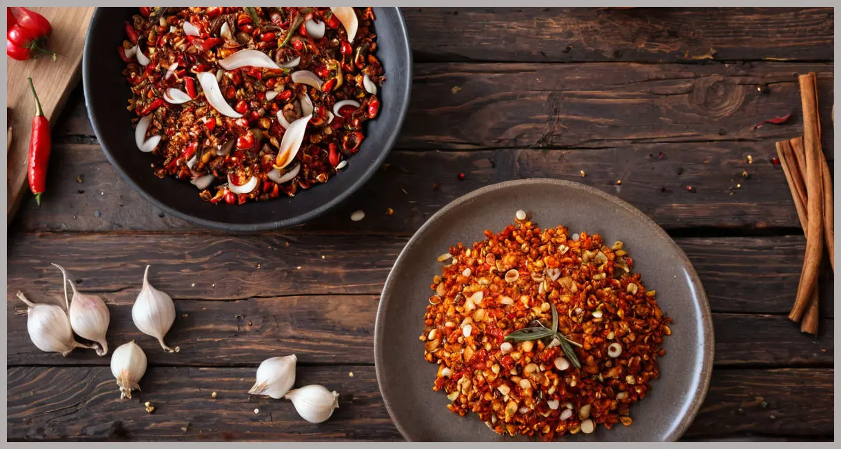 Overhead view of homemade crispy chilli oil ingredients on wood, featuring toasted spices, garlic, and shallots in warm light. Homemade crispy chilli oil