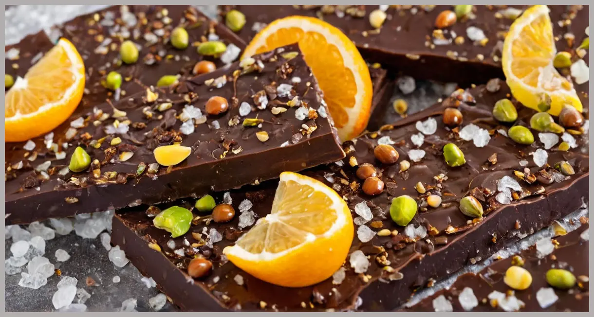 Dark chocolate bark with sea salt, rosemary, pistachios and candied citrus in extreme macro close-up, focusing on glittering textures.