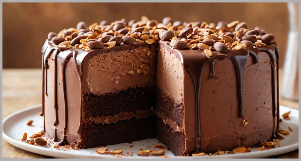 Ultimate chocolate mousse cake cross-section in macro, revealing almond cake, mousse, and ganache layers with backlit textures.