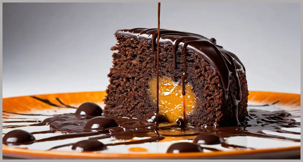 Action shot of dark chocolate being poured over a Giant Jaffa Cake, jelly peeking through cascading chocolate, droplets frozen mid-air.