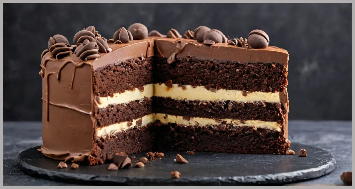 Cross-section of a Chocolate Porter Cake slice on slate, with richly colored crumb and frosting standing out against a black-and-white background. Chocolate porter cake
