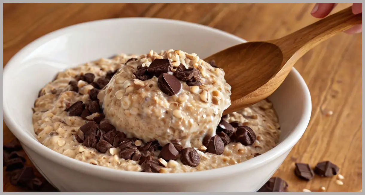 A close-up of a wooden spoon lifting thick overnight oats swirled with cocoa and dark chocolate chips, glowing in golden hour light. Easy overnight oats.