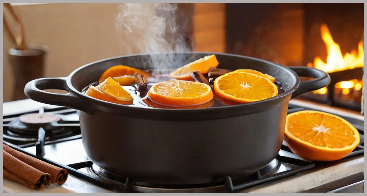 A rustic cast iron pot gently simmering Christmas mulled wine on a stove, showing steam, whole cloves, cinnamon sticks, orange slices, and fresh ginger.