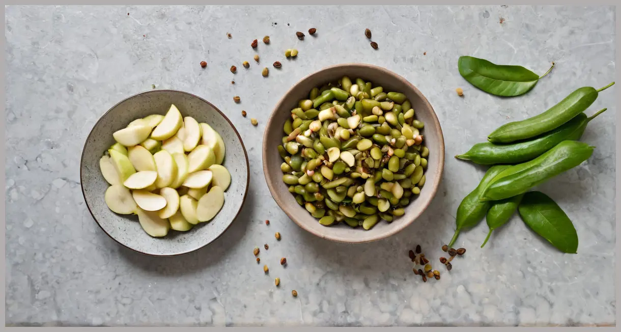 Runner bean and apple chutney ingredients arranged overhead: apples, runner beans, sultanas, and spices on marble, bright daylight.