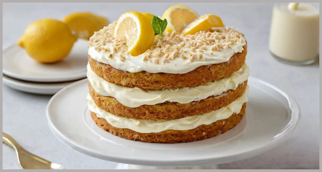 A close-up of a freshly sliced lemon and courgette cake with white chocolate cream cheese frosting, showcasing glossy layers and candied lemon slices in soft studio light.